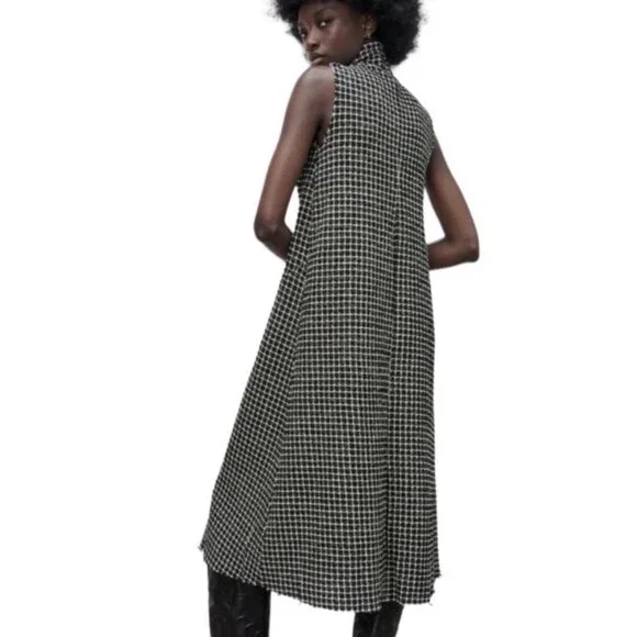 Zara Tweed Midi Dress Sizs Small Sleeveless Turtleneck Raw Hem Classic Old Money - Picture 2 of 11